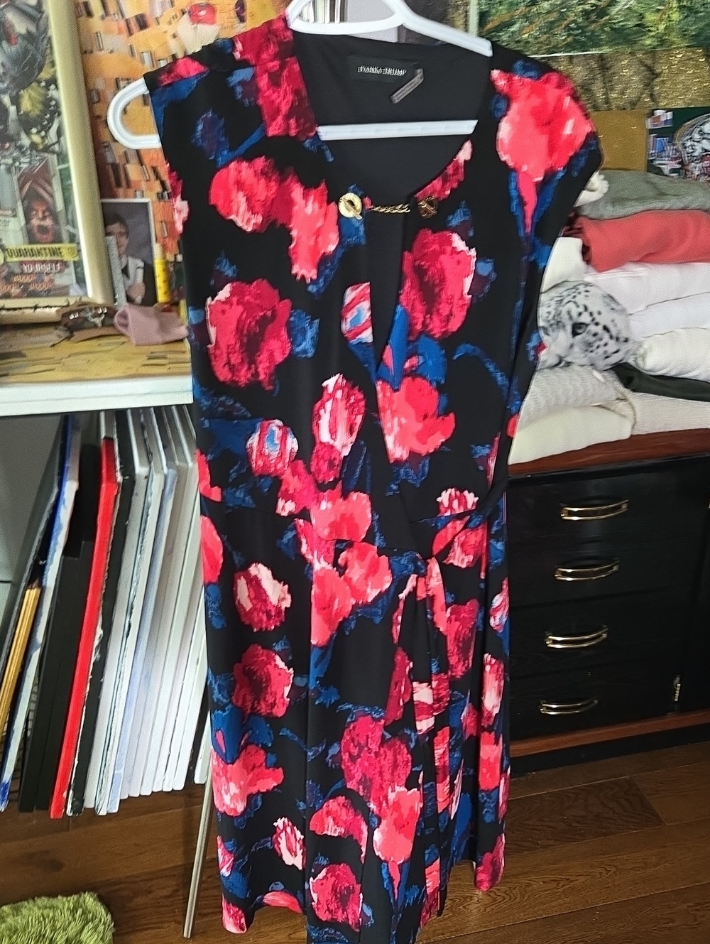 Ivana Trump Black Midi Dress with Pink & Blue Floral Print